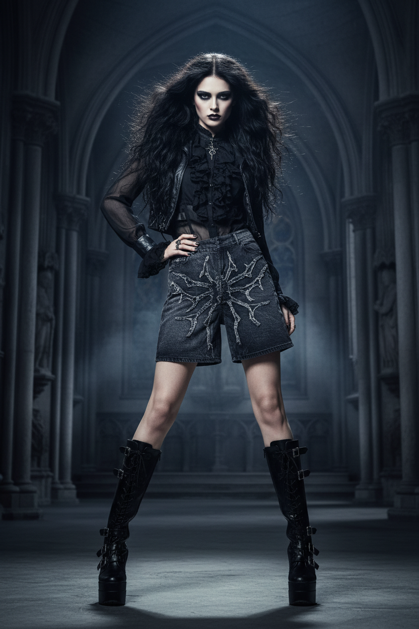 Black denim shorts with tree branch design on a concrete surface