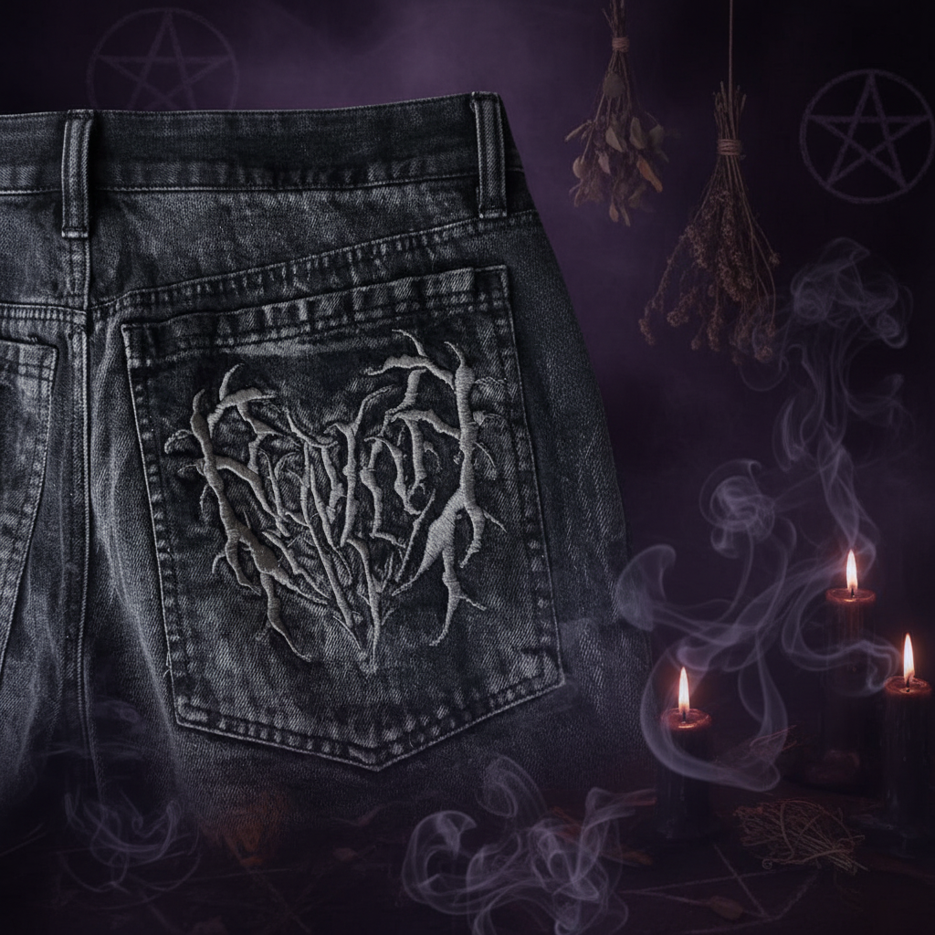 Embroidered design on a denim jacket pocket