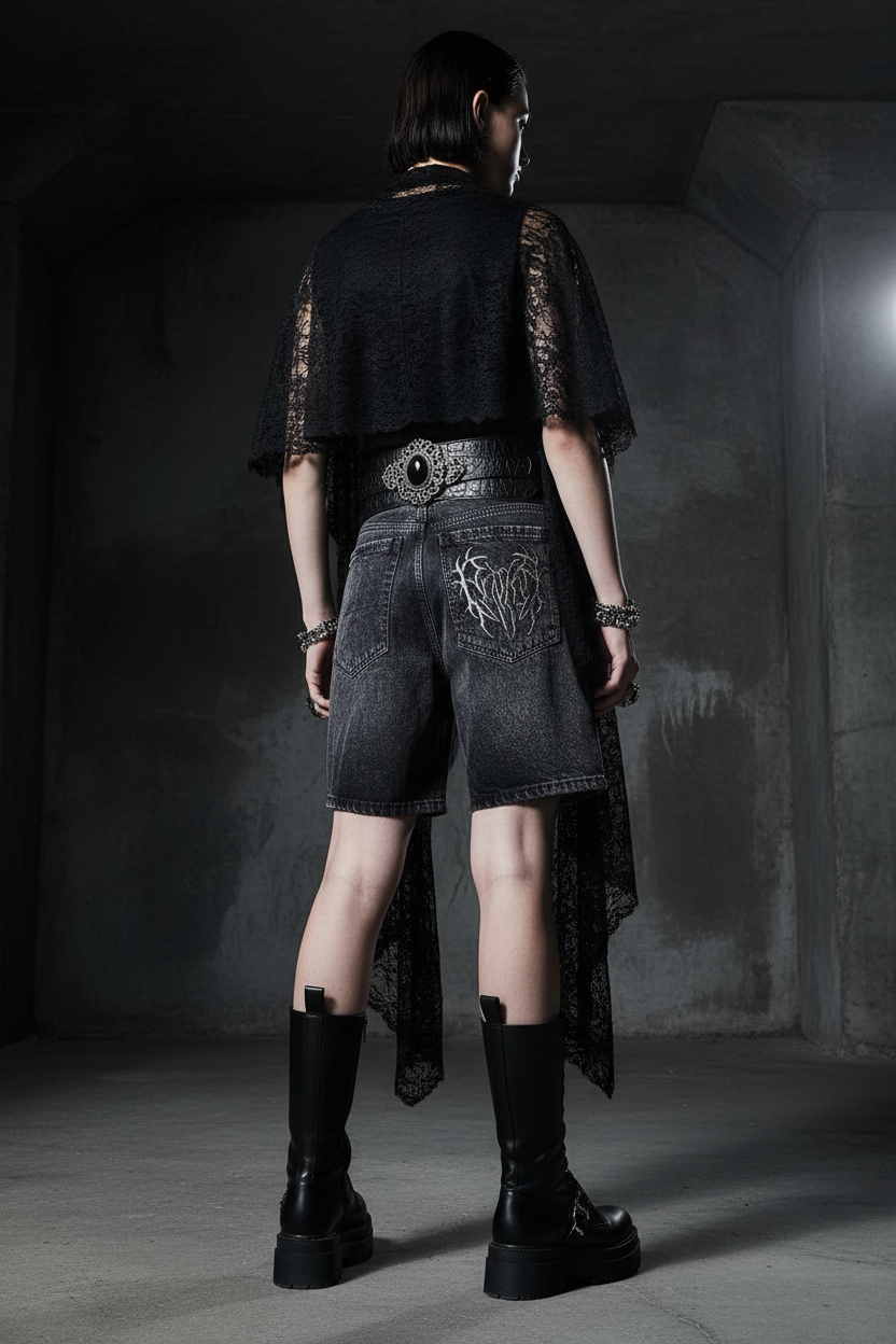 Black distressed denim shorts with a tree design on a concrete surface