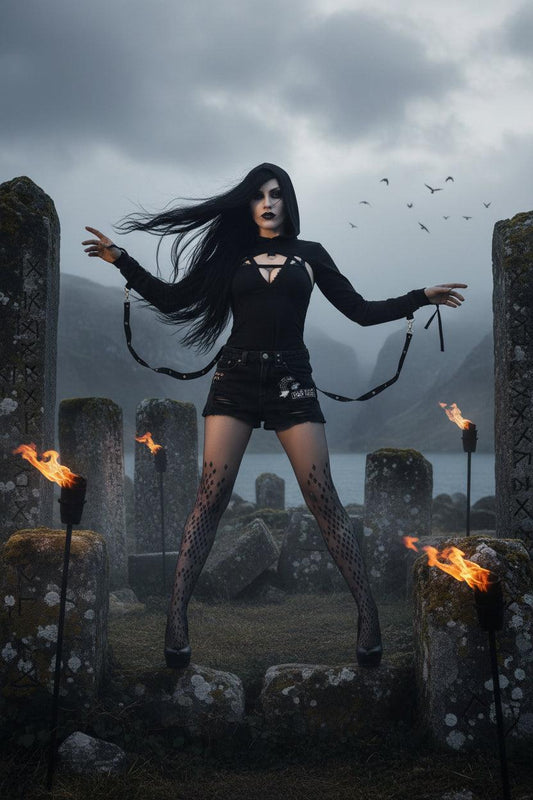 Person in a black outfit with long hair and dark makeup standing in a forest.