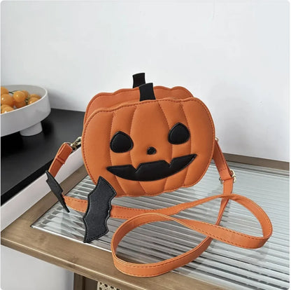 Pumpkin-shaped bag with a face on a table