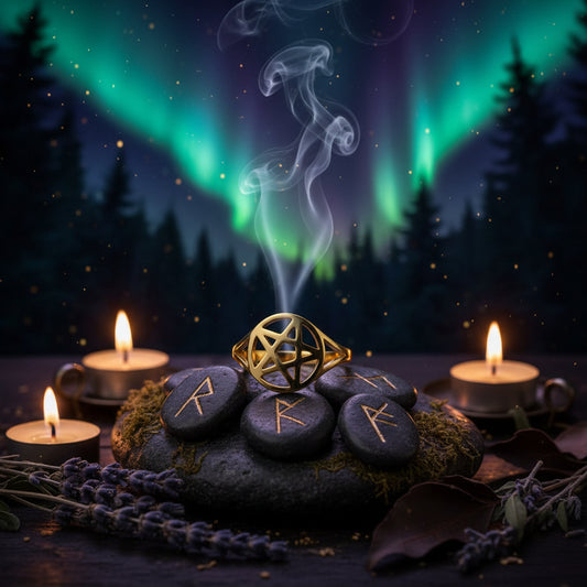 Gold ring with geometric design on a white background