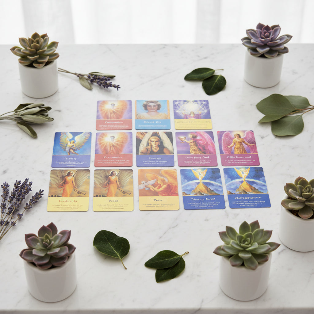 Set of angelic tarot cards with various archangels and their names on a white background.