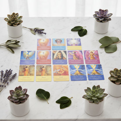 Set of angelic tarot cards with various archangels and their names on a white background.