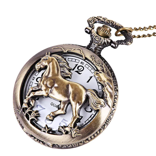 Pocket watch with a horse design on a white background