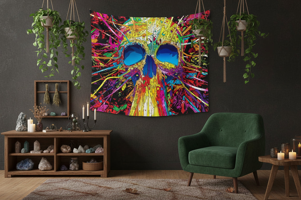 Colorful skull design tapestry with vibrant colors on a black background