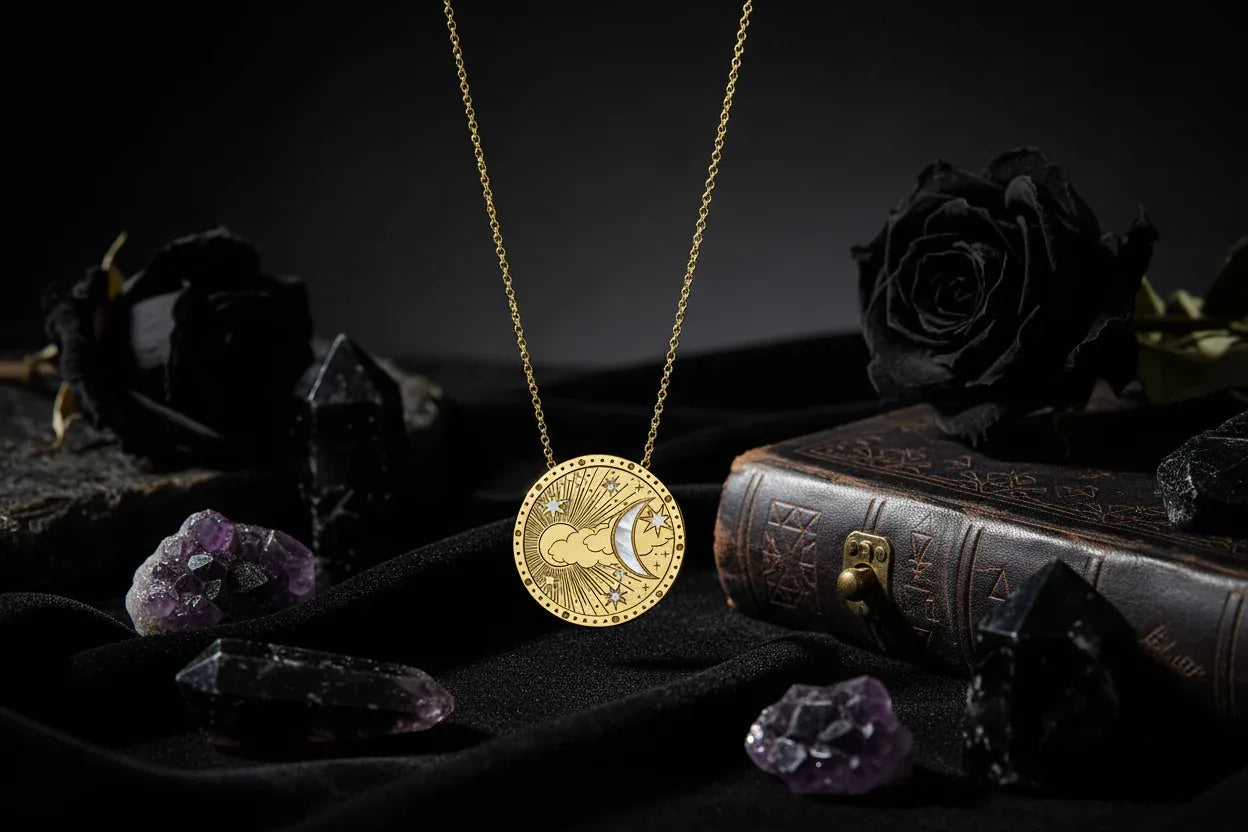 Tarot Necklace - Sorceress Sanctuary Eight Pointed Stars-Moon Phase-Small Sun Moon-Big Sun And Moon-Eyes