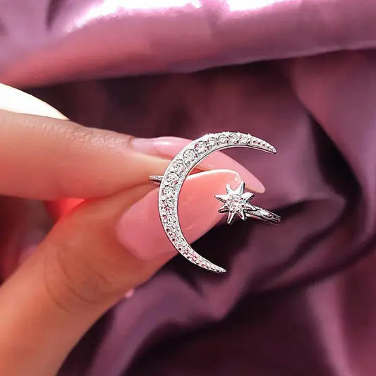 Crescent Moon Star Ring