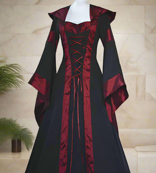 Black and red dress with lace-up front on a white background