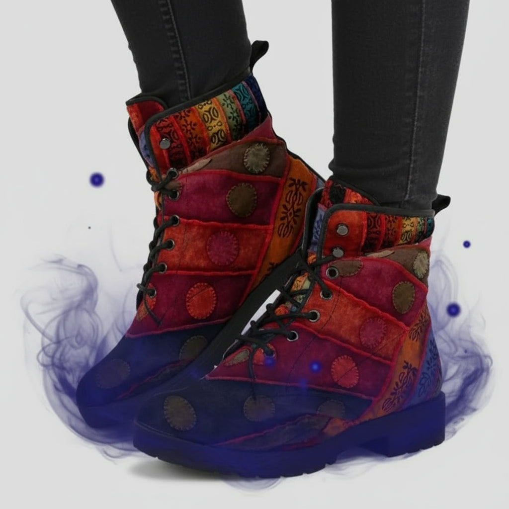 Colorful patchwork boots with a patterned design on a white background