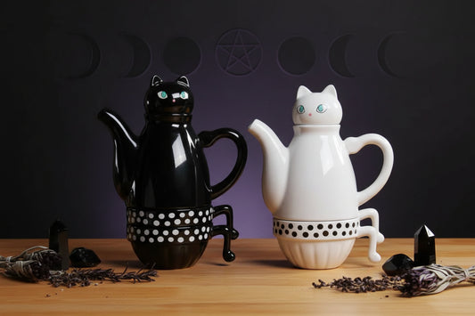 Ceramic Cup Set with Black and White Cat Design Sorceress Sanctuary