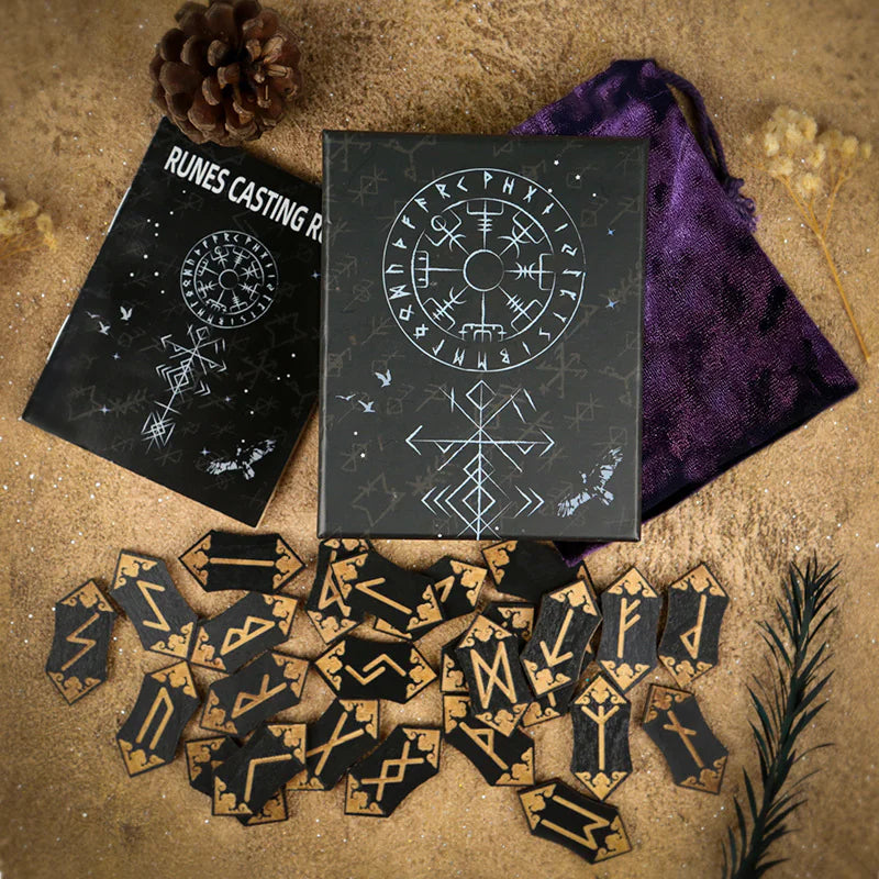Set of rune stones with two black boxes labeled 'Runes Casting' on a textured surface.
