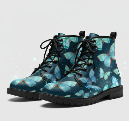Blue butterfly-patterned boots held by a hand on a white background