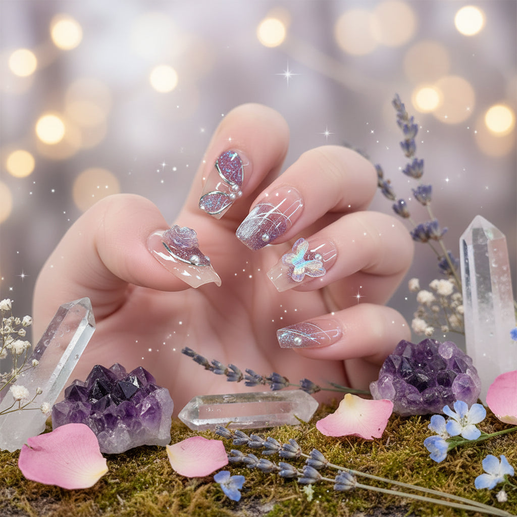 Nails with butterfly and glitter designs on a hand