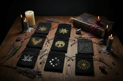 Velvet Tarot Bag - Sorceress Sanctuary Fire Song Black Bag-Fire Song Purple Bag-Black bag of twelve zodiac signs-Zodiac bag purple 1-Three Moon Phases Black Bag