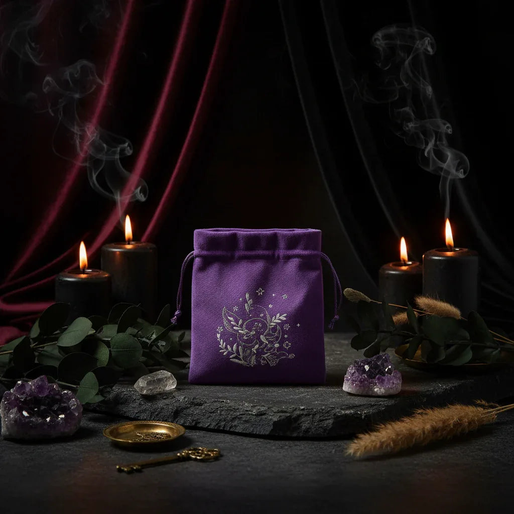 Velvet Tarot Bag - Sorceress Sanctuary Fire Song Black Bag-Fire Song Purple Bag-Black bag of twelve zodiac signs-Zodiac bag purple 1-Three Moon Phases Black Bag