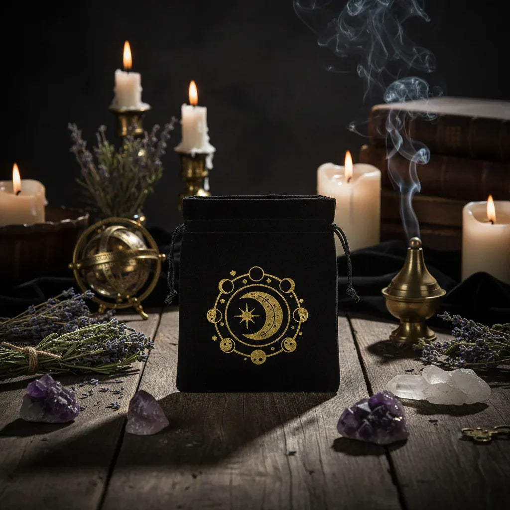 Velvet Tarot Bag - Sorceress Sanctuary Fire Song Black Bag-Fire Song Purple Bag-Black bag of twelve zodiac signs-Zodiac bag purple 1-Three Moon Phases Black Bag