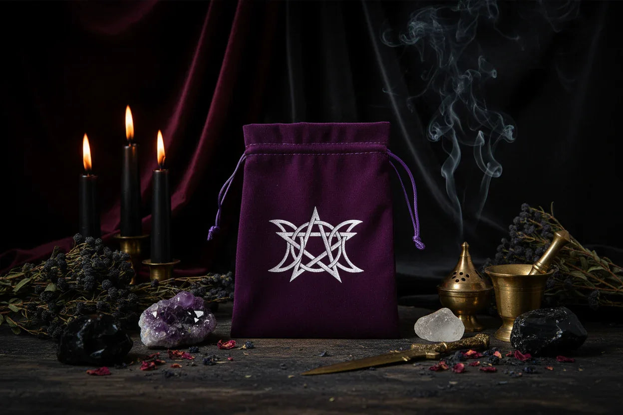 Velvet Tarot Bag - Sorceress Sanctuary Fire Song Black Bag-Fire Song Purple Bag-Black bag of twelve zodiac signs-Zodiac bag purple 1-Three Moon Phases Black Bag