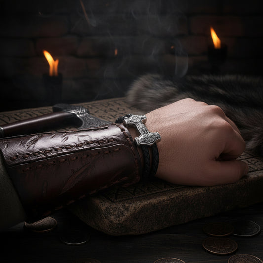 Black braided leather bracelet with silver Thor's hammer charm on a wooden surface