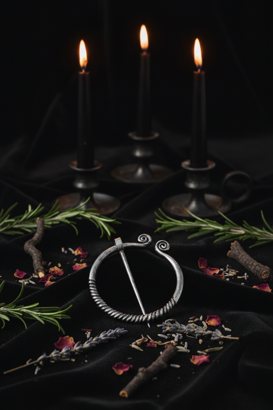 Silver brooch with intricate design on a wooden surface