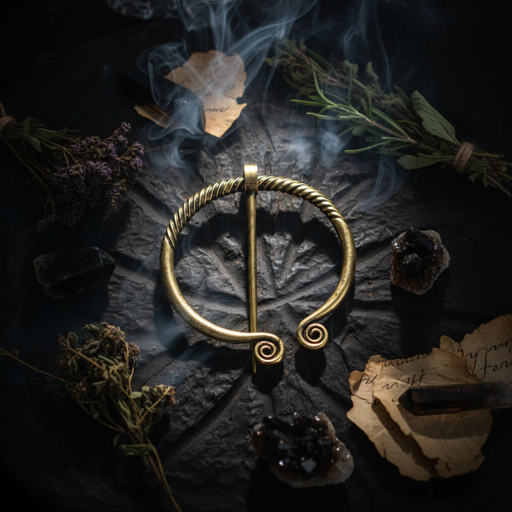 Bronze brooch on a wooden surface
