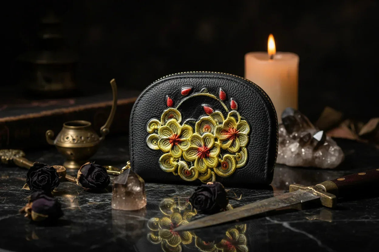 Vintage Mystic Wallet - Sorceress Sanctuary Sunflower-Golden pig holding brick-Golden Plum Blossom-Peony rich-Pisces swimming in water