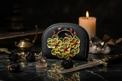 Vintage Mystic Wallet - Sorceress Sanctuary Sunflower-Golden pig holding brick-Golden Plum Blossom-Peony rich-Pisces swimming in water