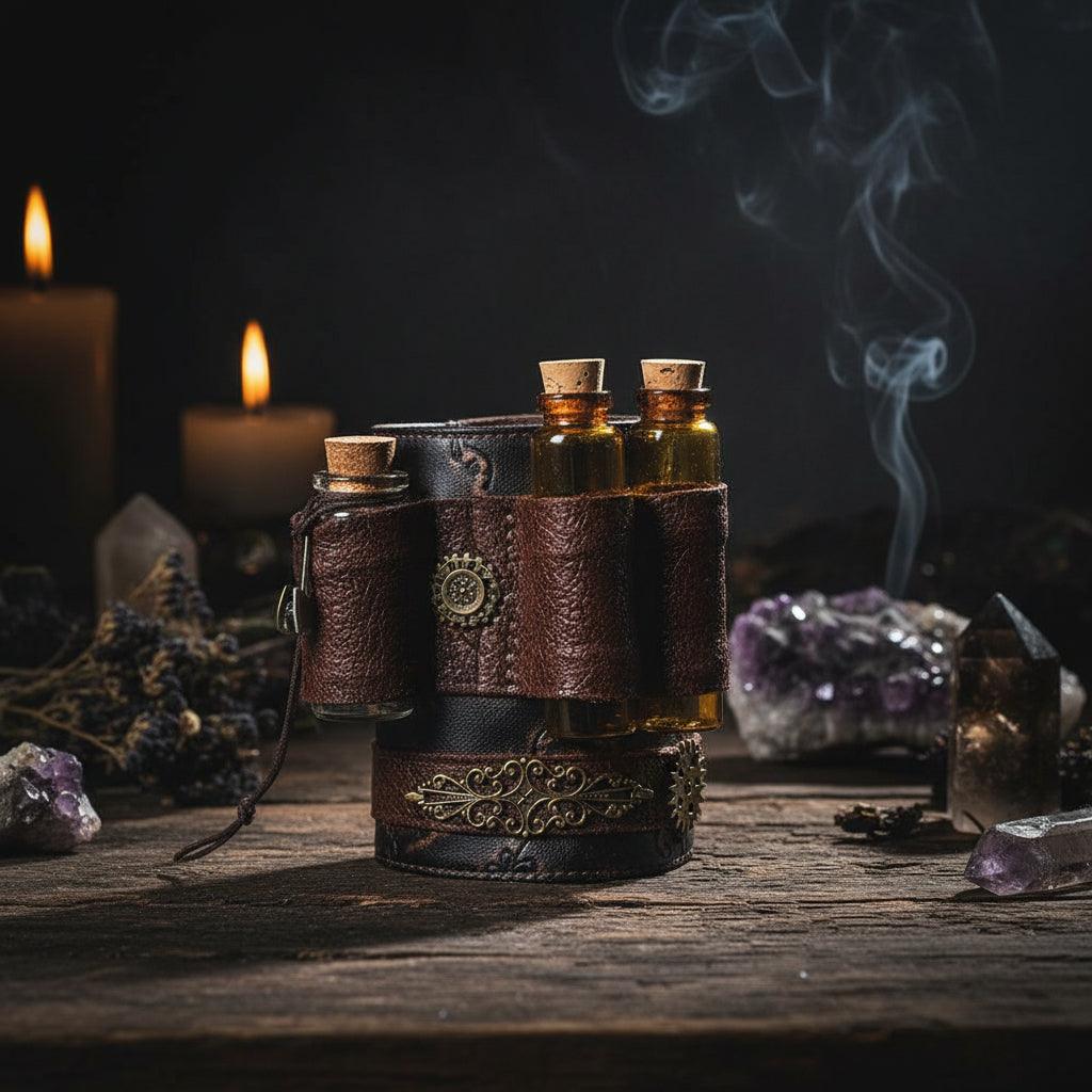 Steampunk-style leather arm band with three small bottles on a white background