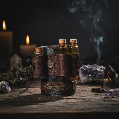 Steampunk-style leather arm band with three small bottles on a white background