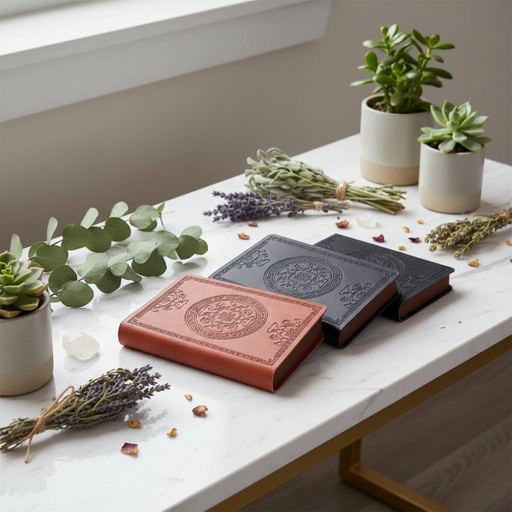 Two leather-bound books with embossed designs on a light gray background