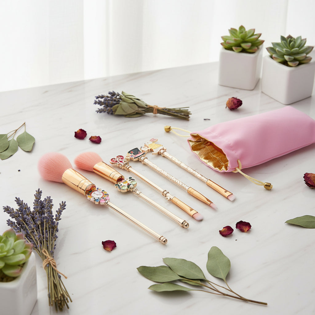 Set of decorative makeup brushes with a pink pouch on a white background