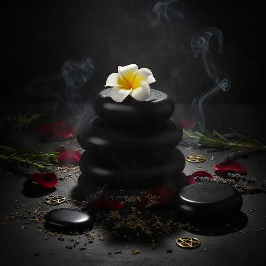 Stack of black stones with a white flower on a white background