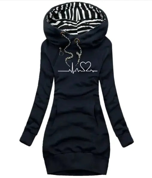 Black hoodie with zebra pattern lining on hood and heart design on chest against a white background
