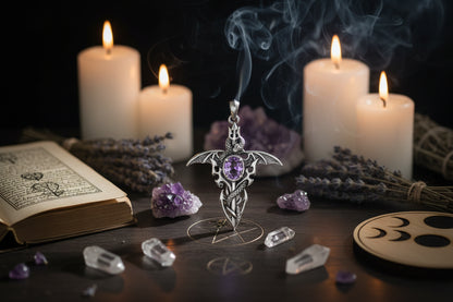 Silver pendant with a purple gemstone on a white background