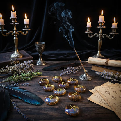 Glass Rune Stones Set - Sorceress Sanctuary Yellow Glaze Inscription