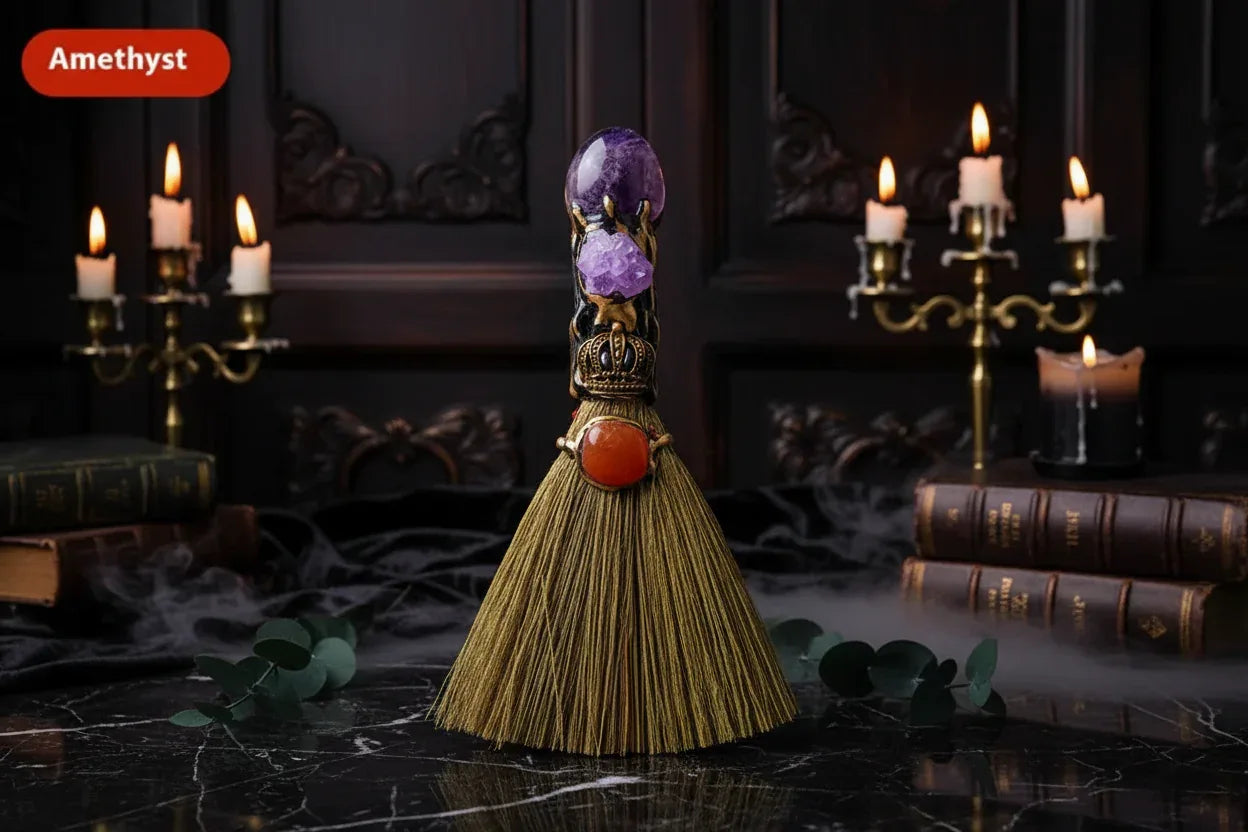 Witches Crystal Besom - Sorceress Sanctuary Amethyst-Tigereye-Pink Crystal-Citrine-White Crystal