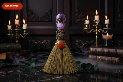 Witches Crystal Besom - Sorceress Sanctuary Amethyst-Tigereye-Pink Crystal-Citrine-White Crystal