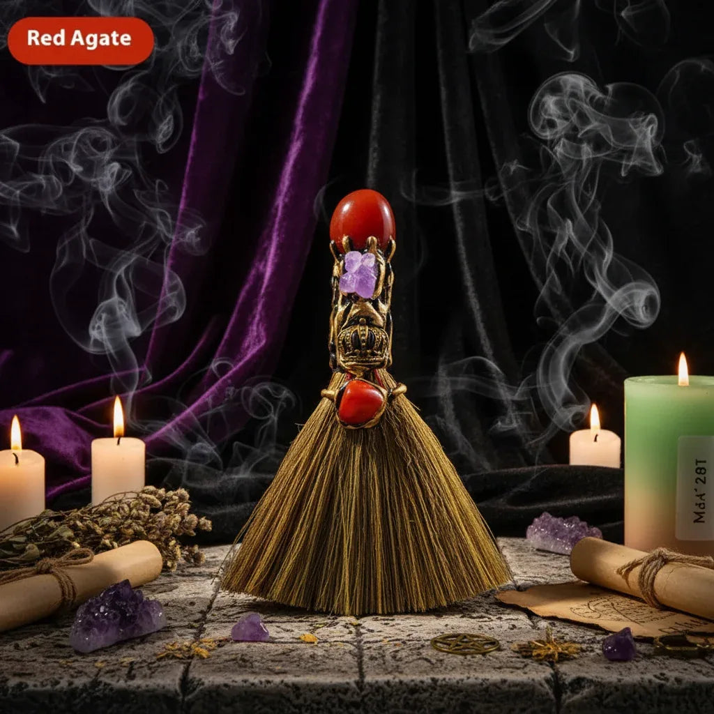 Witches Crystal Besom - Sorceress Sanctuary Amethyst-Tigereye-Pink Crystal-Citrine-White Crystal