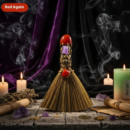 Witches Crystal Besom - Sorceress Sanctuary Amethyst-Tigereye-Pink Crystal-Citrine-White Crystal