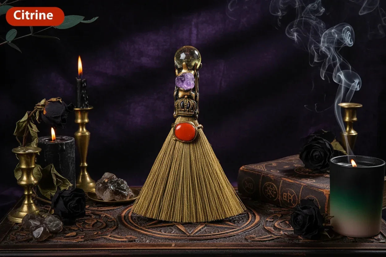 Witches Crystal Besom - Sorceress Sanctuary Amethyst-Tigereye-Pink Crystal-Citrine-White Crystal