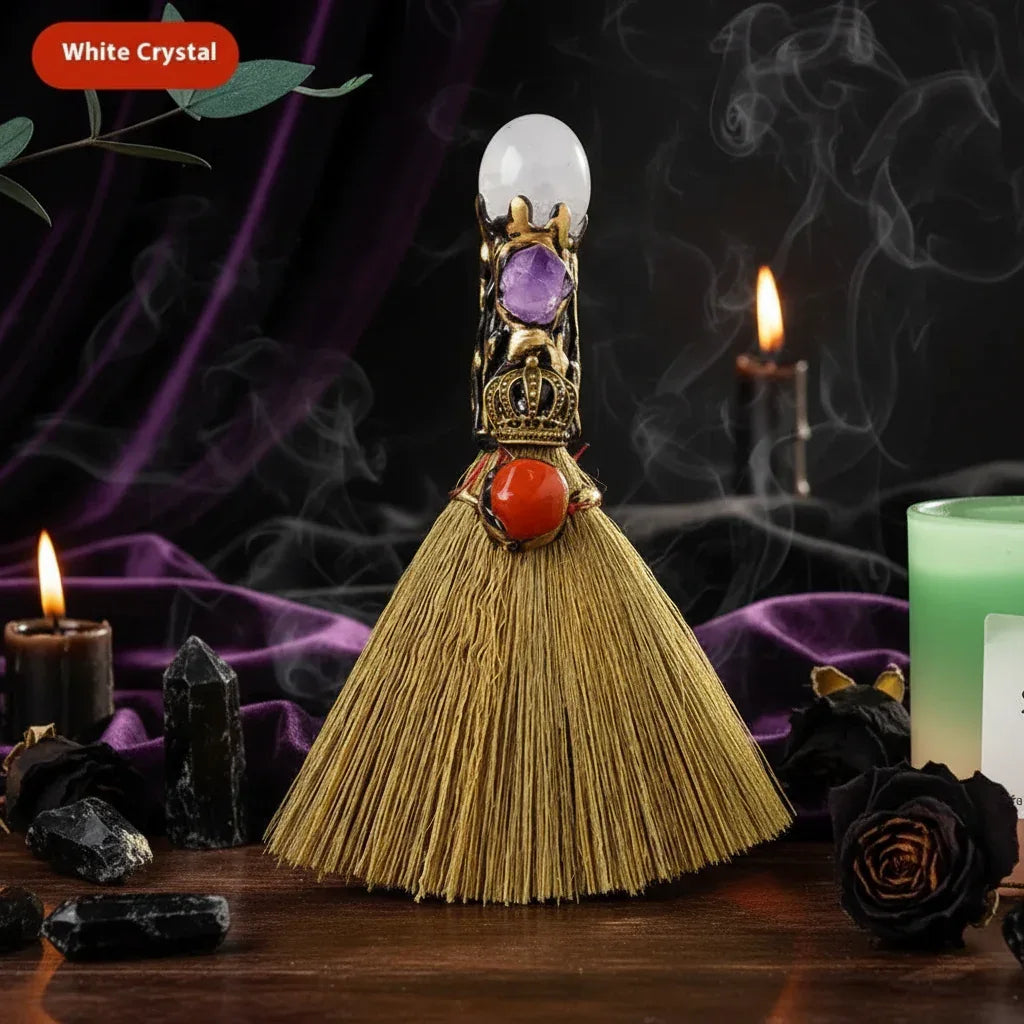 Witches Crystal Besom - Sorceress Sanctuary Amethyst-Tigereye-Pink Crystal-Citrine-White Crystal