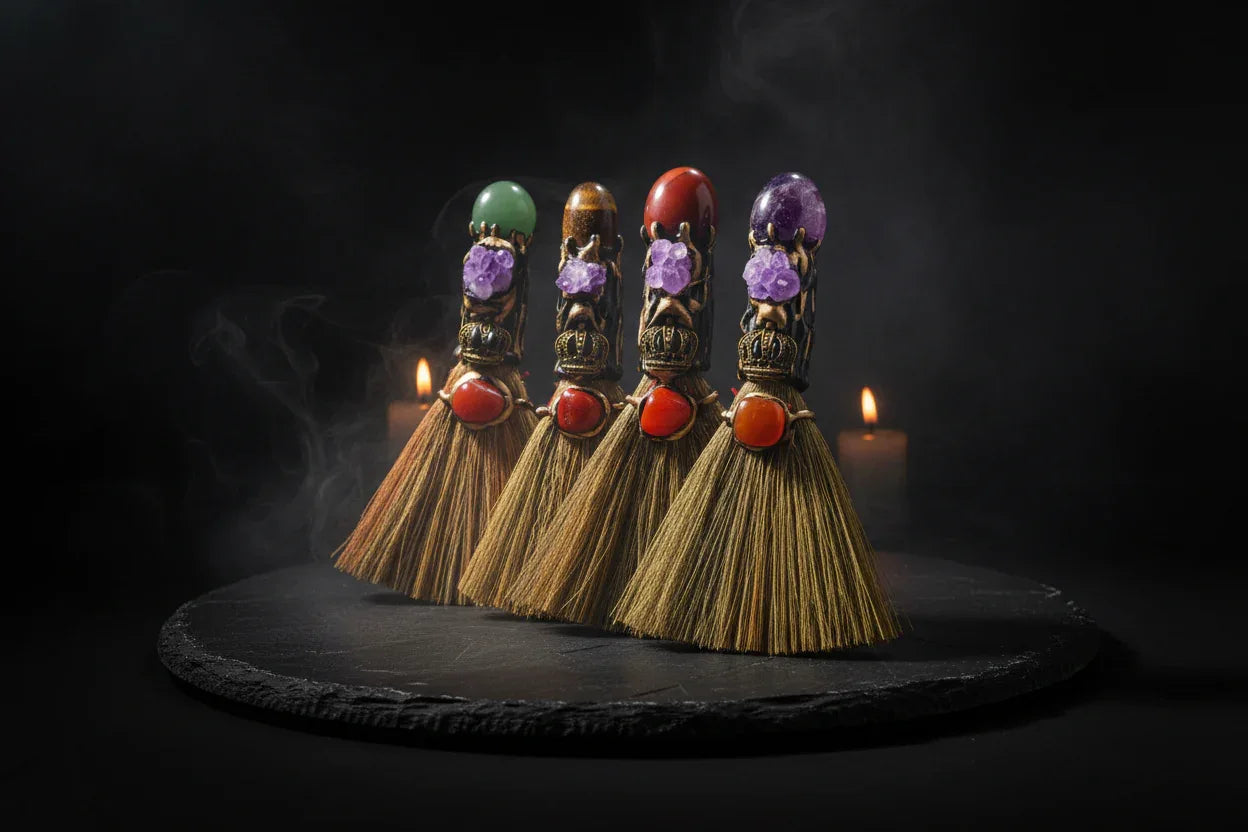 Witches Crystal Besom - Sorceress Sanctuary Amethyst-Tigereye-Pink Crystal-Citrine-White Crystal