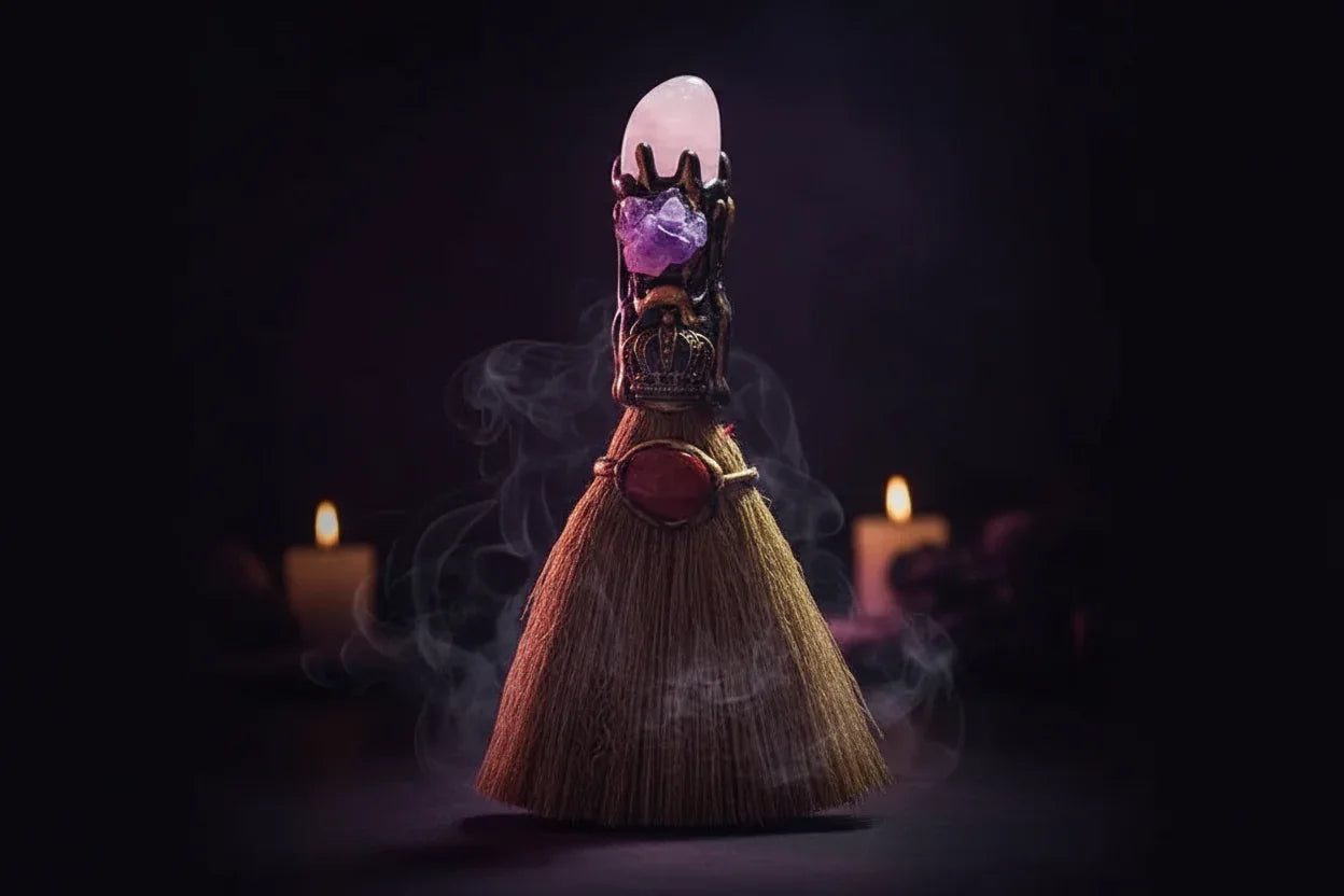 Witches Crystal Besom - Sorceress Sanctuary Amethyst-Tigereye-Pink Crystal-Citrine-White Crystal