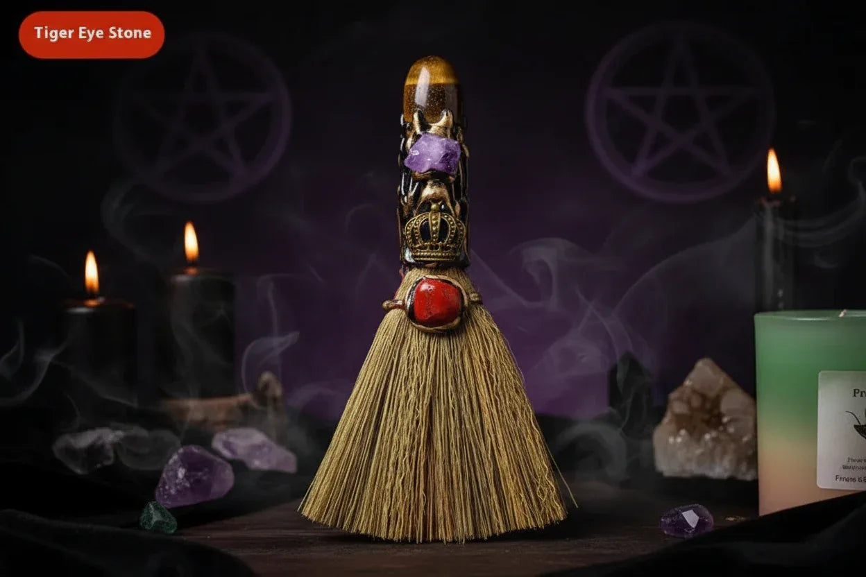 Witches Crystal Besom - Sorceress Sanctuary Amethyst-Tigereye-Pink Crystal-Citrine-White Crystal