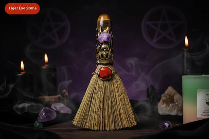 Witches Crystal Besom - Sorceress Sanctuary Amethyst-Tigereye-Pink Crystal-Citrine-White Crystal