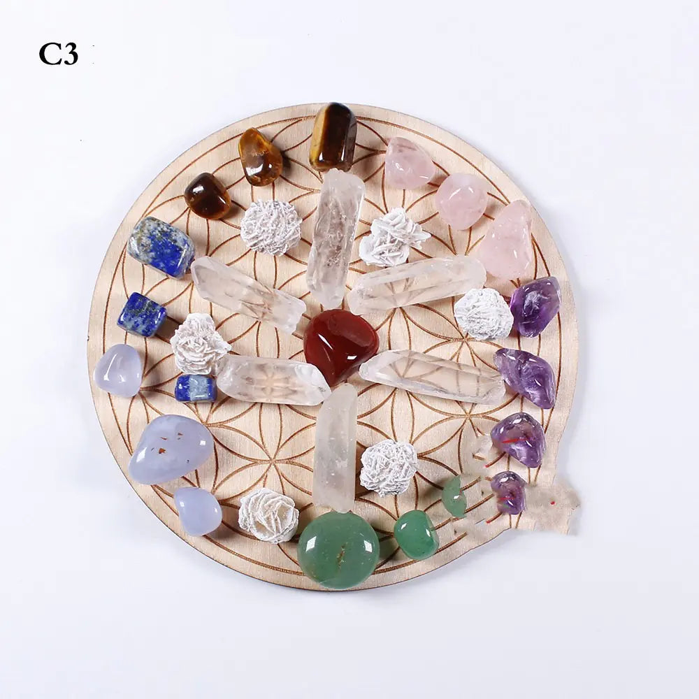Assorted crystals on a wooden grid with a white background