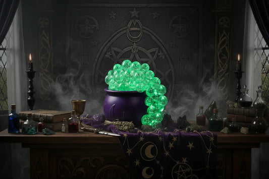 Witch's altar with a glowing green cauldron and various mystical items against a dark background.