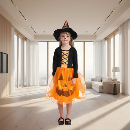Child wearing a Halloween costume with an orange dress and black hat on a white background