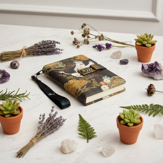 Notebook with floral and crane design, featuring a combination lock on a white background