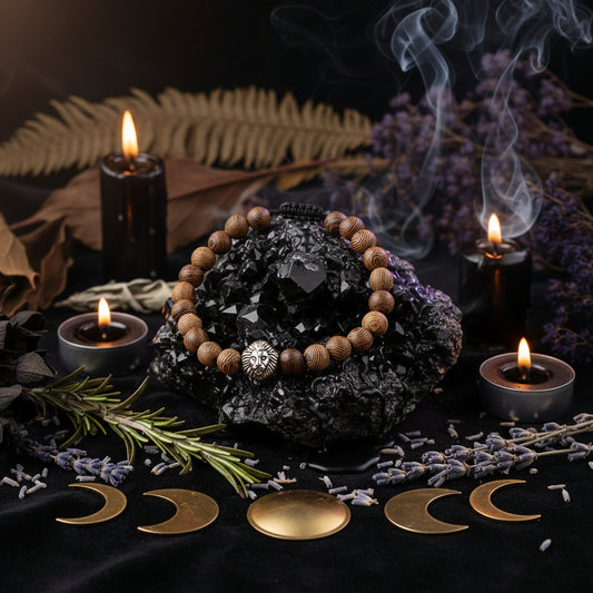 Wooden beaded bracelet with a lion head charm on a textured surface